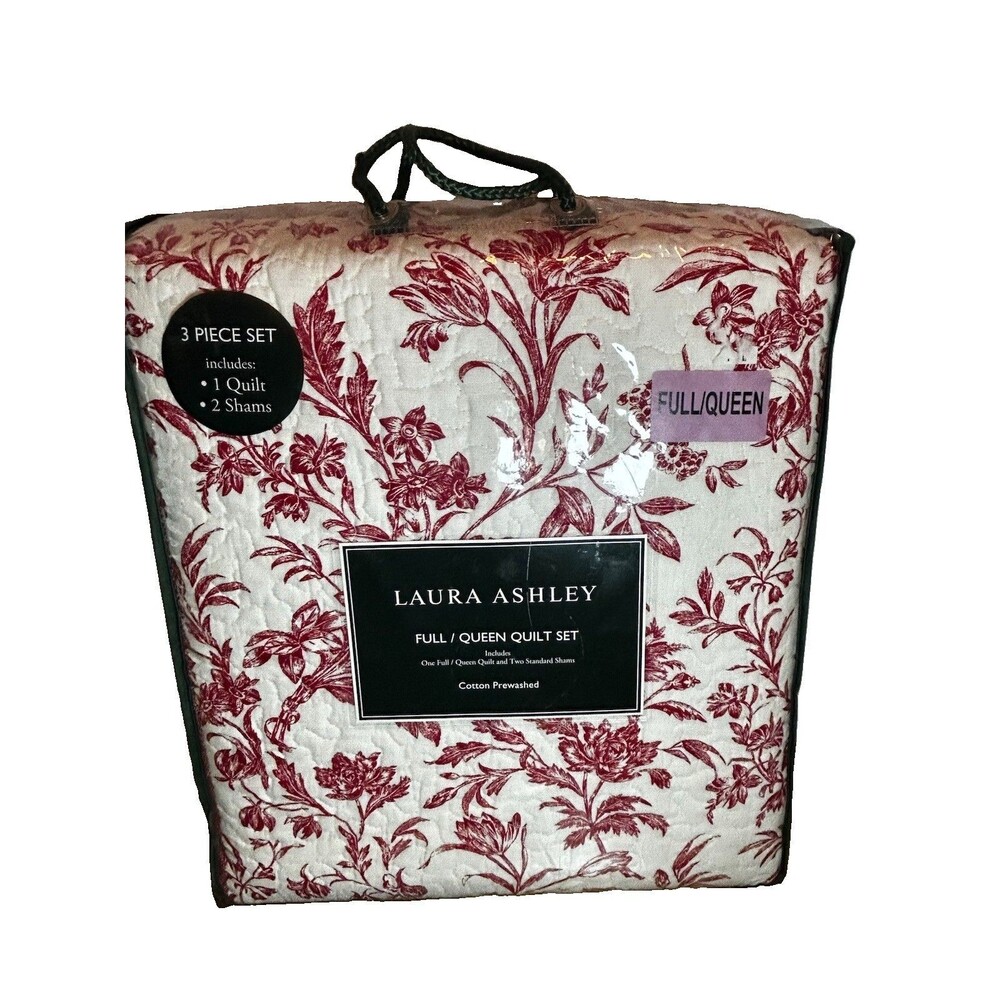 Laura Ashley Ashington Full Queen Quilt Set, 3 Piece Red Floral Cotton Prewashed - Picture 2 of 14